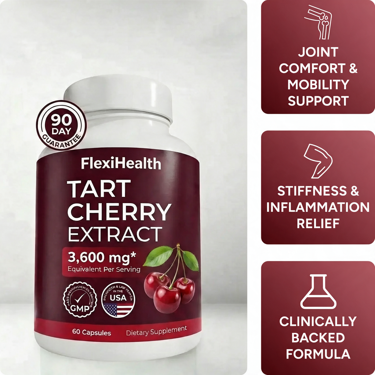Flexi Health Tart Cherry Extract, 60 capsules: joint comfort and mobility support, stiffness and inflammation relief, clinically backed formula